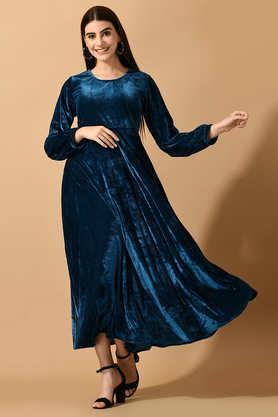 Solid Velvet Regular Fit Women's Ethnic Dress - Blue