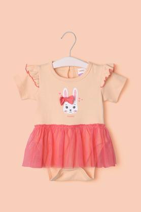 Printed Cotton Round Neck Infant Girl's Rompers - Peach