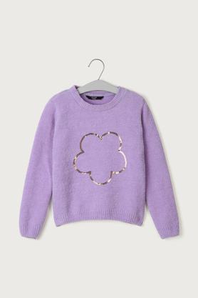 Solid Polyester Round Neck Girls Sweater - Lilac