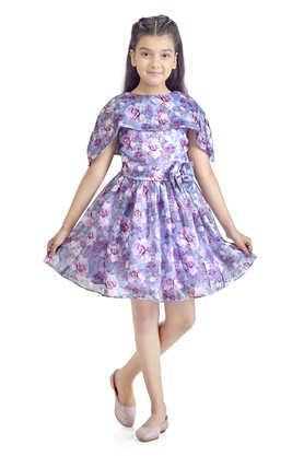 Printed Polyester Boat Neck Girls Party Wear Dress - Blue