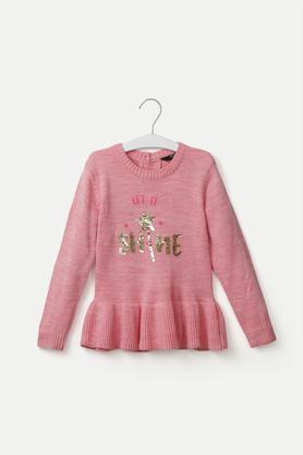 Embellished Acrylic Round Neck Girls Sweater - Coral