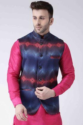 Printed Polyester Blend Regular Fit Men's Occasion Wear Nehru Jacket - Blue
