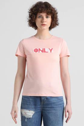Graphic Print Cotton Round Neck Women's T-Shirt - Pink