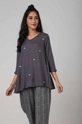 Womens Regular Fit Embroidered Tunic - Charcoal
