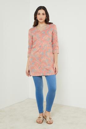 Printed Rayon V Neck Women's Tunic - Dusty Pink