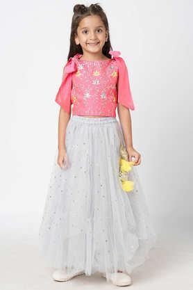 Floral Polyester Girls Choli with Ghaghra Set - Pink
