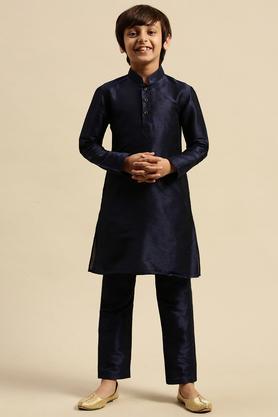 solid-art-silk-regular-fit-boy's-kurta-pyjama-set---blue
