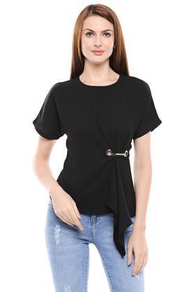 Womens Round Neck Solid Top - Black
