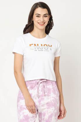 printed-blended-fabric-round-neck-women's-t-shirt---white