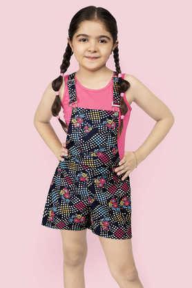 Floral Polyester Girls Dungaree Shorts with T-Shirt Set - Black