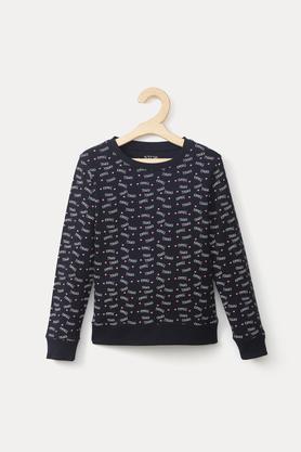 Printed Cotton Round Neck Girls Sweatshirt - Navy