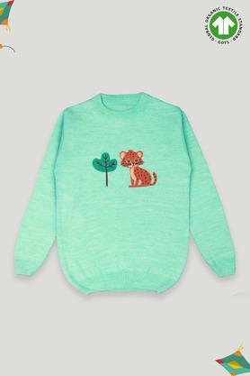 Animal Print Wool Round Neck Kids Sweater - Green