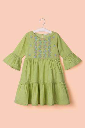 Solid Cotton Girl's Festive Wear Dress - Green