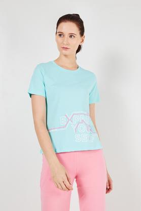 Printed Cotton Round Neck Women's T-Shirt - Aqua