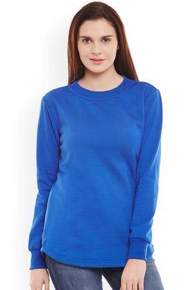 Solid Blended Round Neck Women's Sweatshirt - Blue