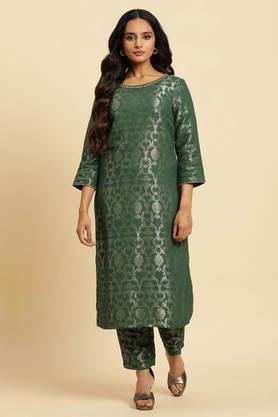 floral-calf-length-rayon-woven-women's-kurta-set---green
