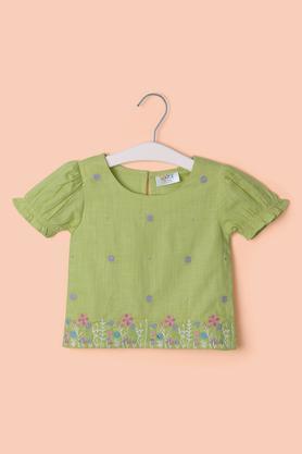 Solid Cotton Round Neck Infant Girl's Top - Green