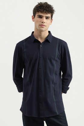 Solid Cotton Slim Fit Men's Casual Wear Shirt - Navy