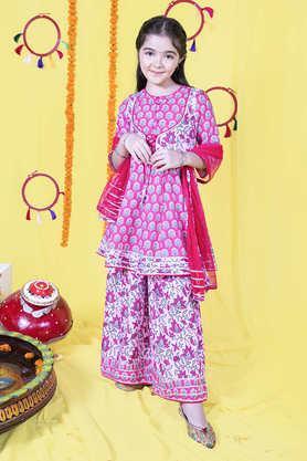 Floral Polyester Full Length Girls Kurta With Sharara & Dupatta - Pink
