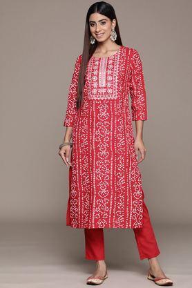 Bandhani Calf Length Rayon Woven Women's Kurta Set - Red