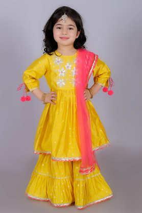 Ethnic Girls Viscose Kurta With Sharara And Dupatta Set - Yellow
