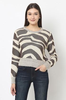 Animal Print Acrylic Round Neck Women's Sweater - Grey