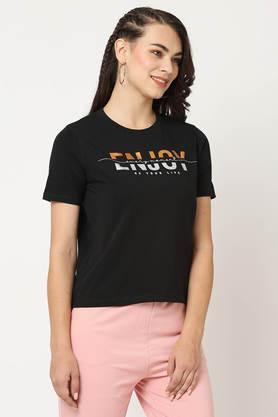 Printed Blended Fabric Round Neck Women's T-Shirt - Black