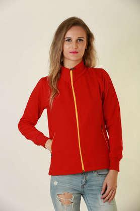 Solid Blended High Neck Women's Jacket - Red