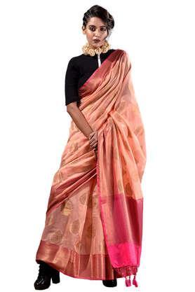 peach-and-antique-zari-weaved-cotton-silk-saree-with-traditional-zari-mughal-buta-and-border-pattern-with-blouse-piece---pink