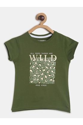 Printed Cotton Blend Round Neck Girls T-Shirt - Green
