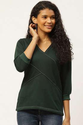 Solid Blended V-Neck Women's Sweatshirt - Green