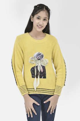 Graphic Nylon Regular Fit Girls Sweater - Yellow