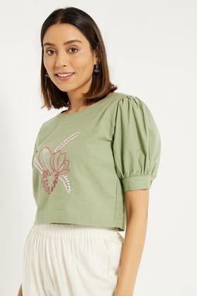 Kantha Embroidery Crop Top - Green