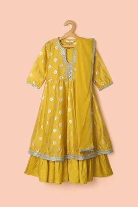 Printed Cotton Regular Fit Girls Salwar Kurta Dupatta Set - Mustard