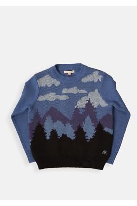 Printed Cotton Blend Crew Neck Boys Sweater - Blue
