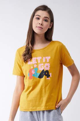 Printed Cotton Round Neck Women's T-Shirt - Yellow