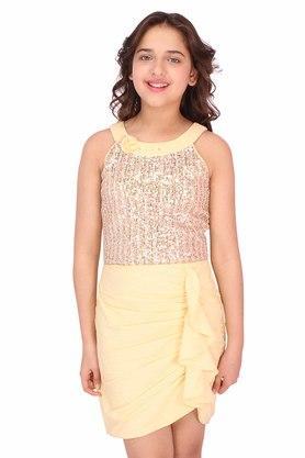 Embellished Georgette Round Neck Girls Party Wear Dress - Yellow