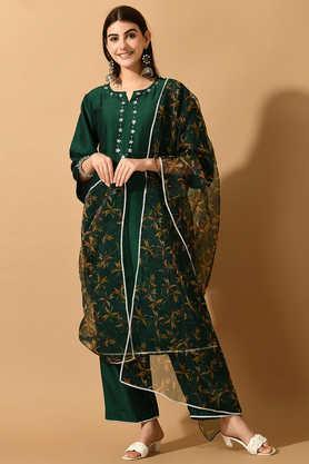 Embroidered Silk Straight Fit Women's Kurta Set - Green