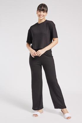 Solid Viscose Blend Regular Fit Women's Top & Pyjama Set - Black