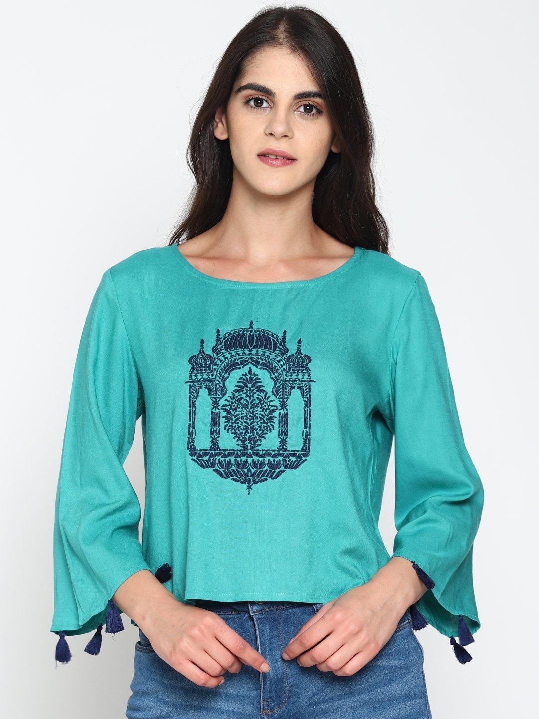 teal-temple-embroidered-crop-top-with-tassels