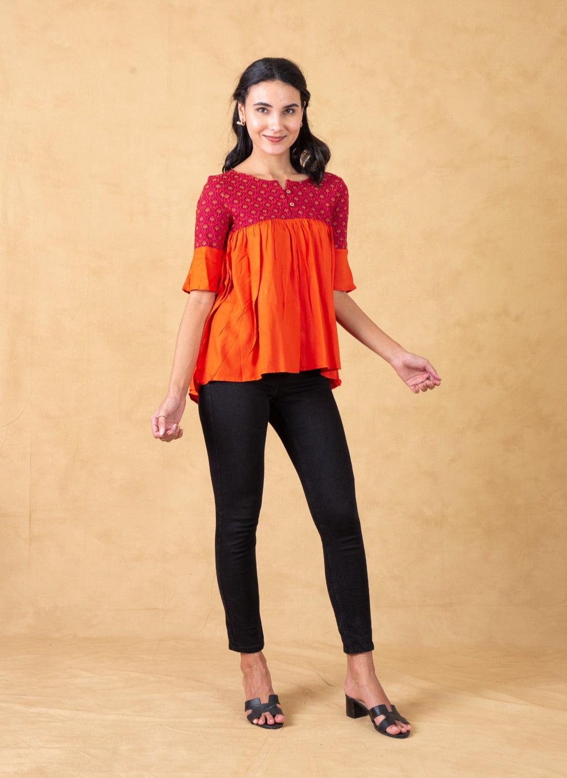orange-color-block-gathered-top-with-embroidery