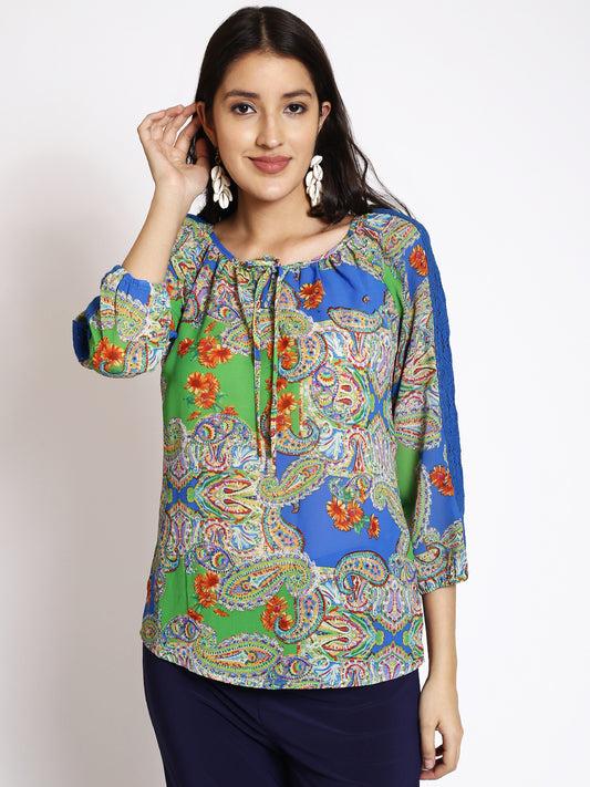 ethnic-motifs-printed-tie-up-neck-raglan-sleeves-lace-inserts-top