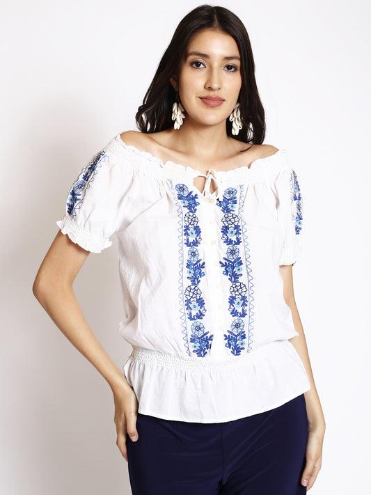 floral-embroidered--gathered-cotton-blouson-top