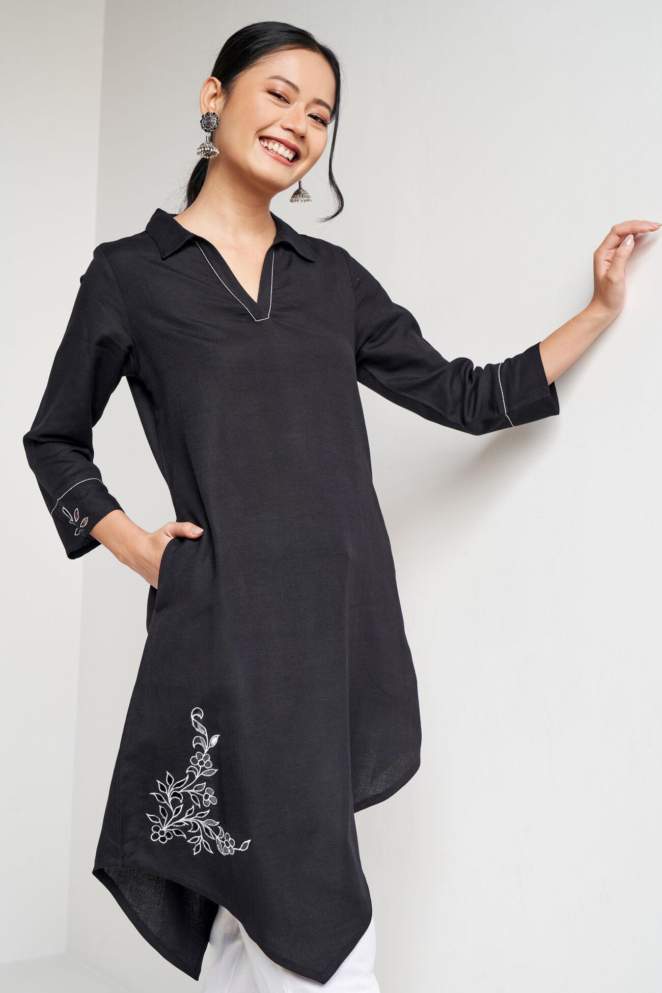 Black Solid Embroidered Straight Tunic
