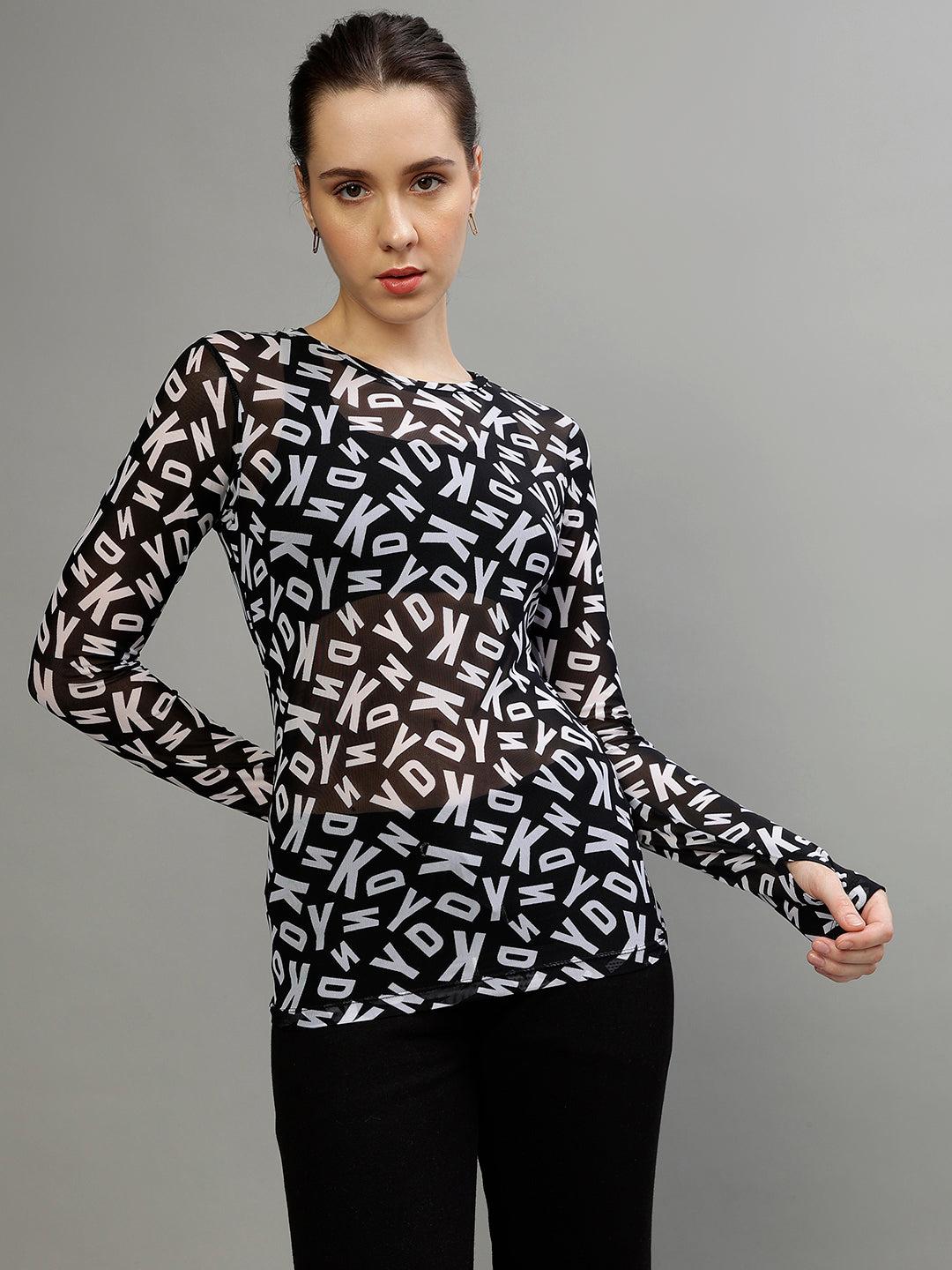 Dkny Women Printed Round Neck Full Sleeves Top