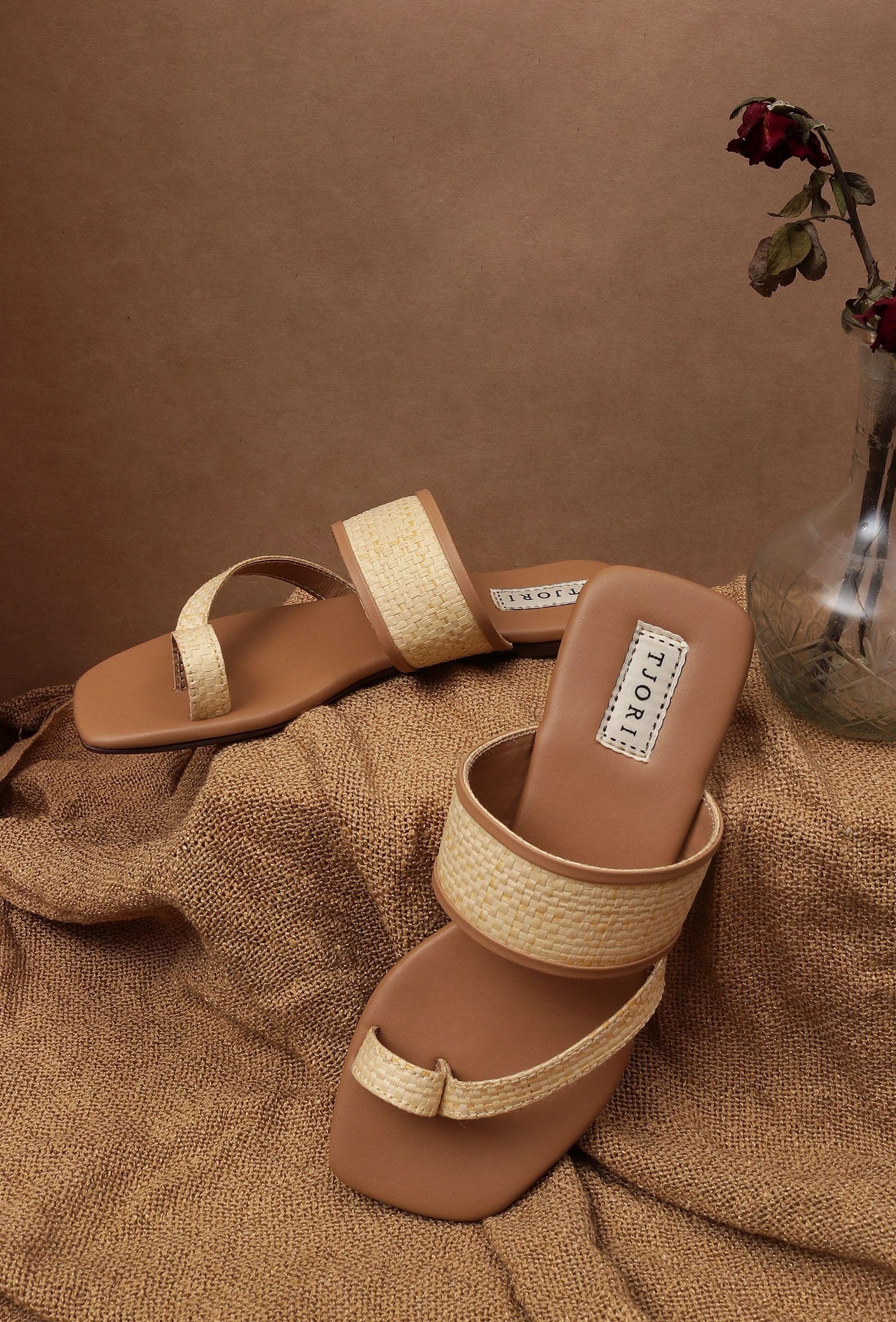 Tan Brown Slip-On Flats With Textured Straps & Insole Cushion Padding