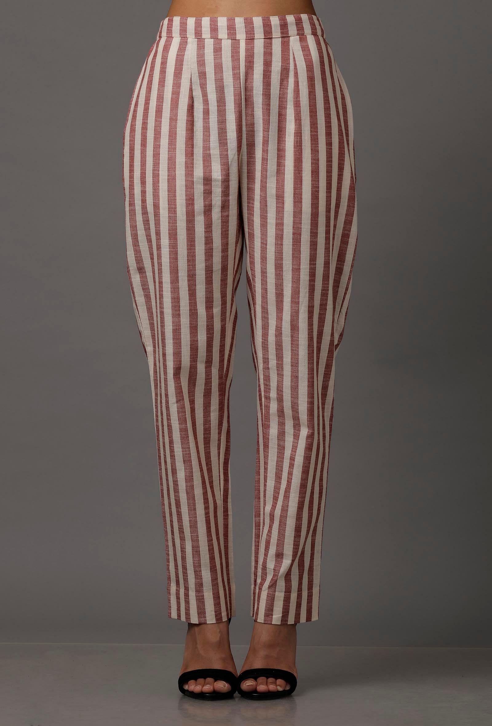 Red and White Stripes Pure Woven Cotton Pants