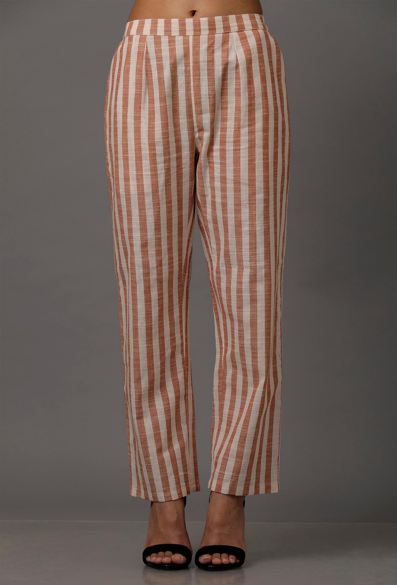 Orange and White Stripes Pure Woven Cotton Pants