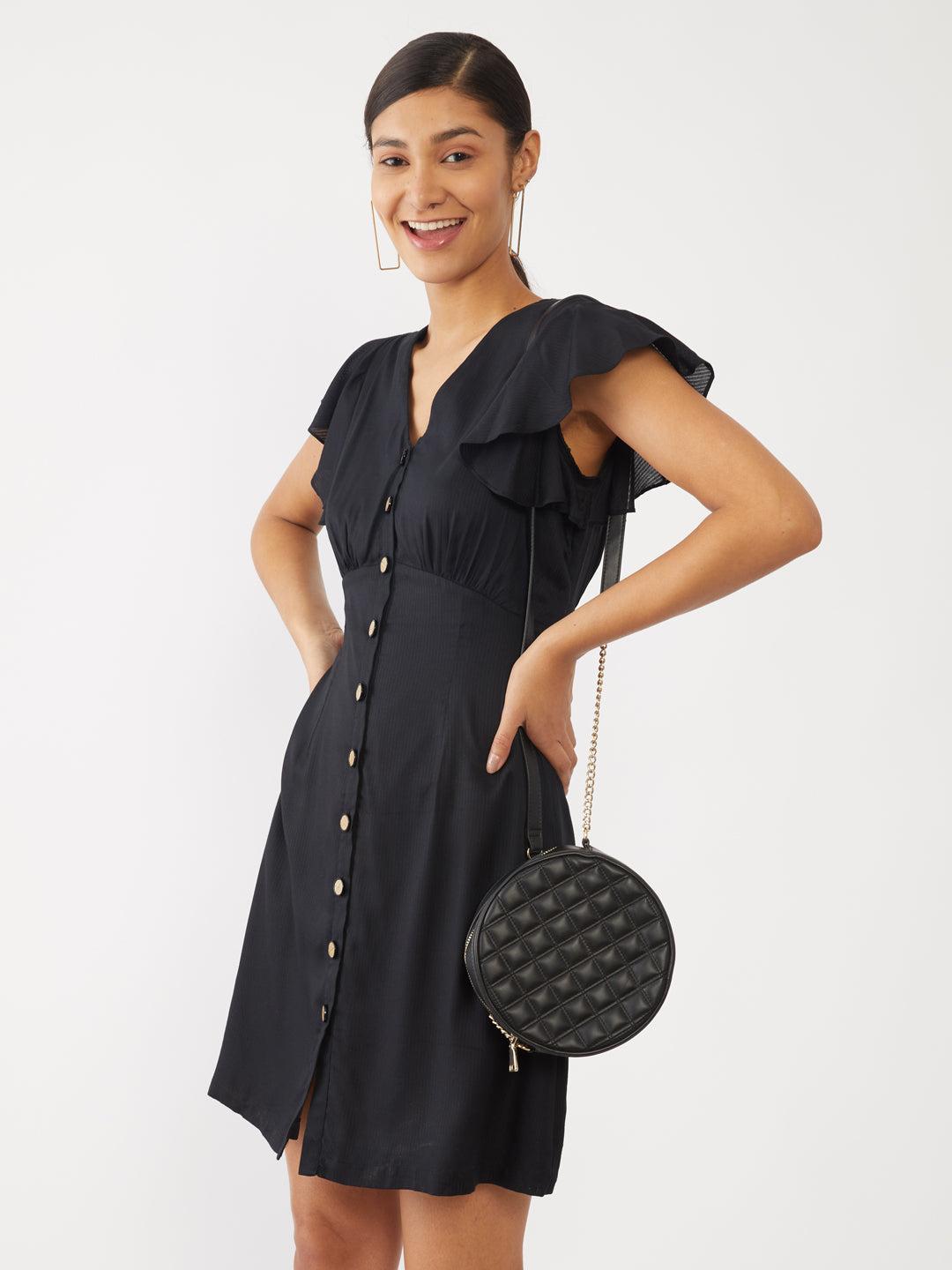 black-solid-flared-sleeve-short-dress-for-women