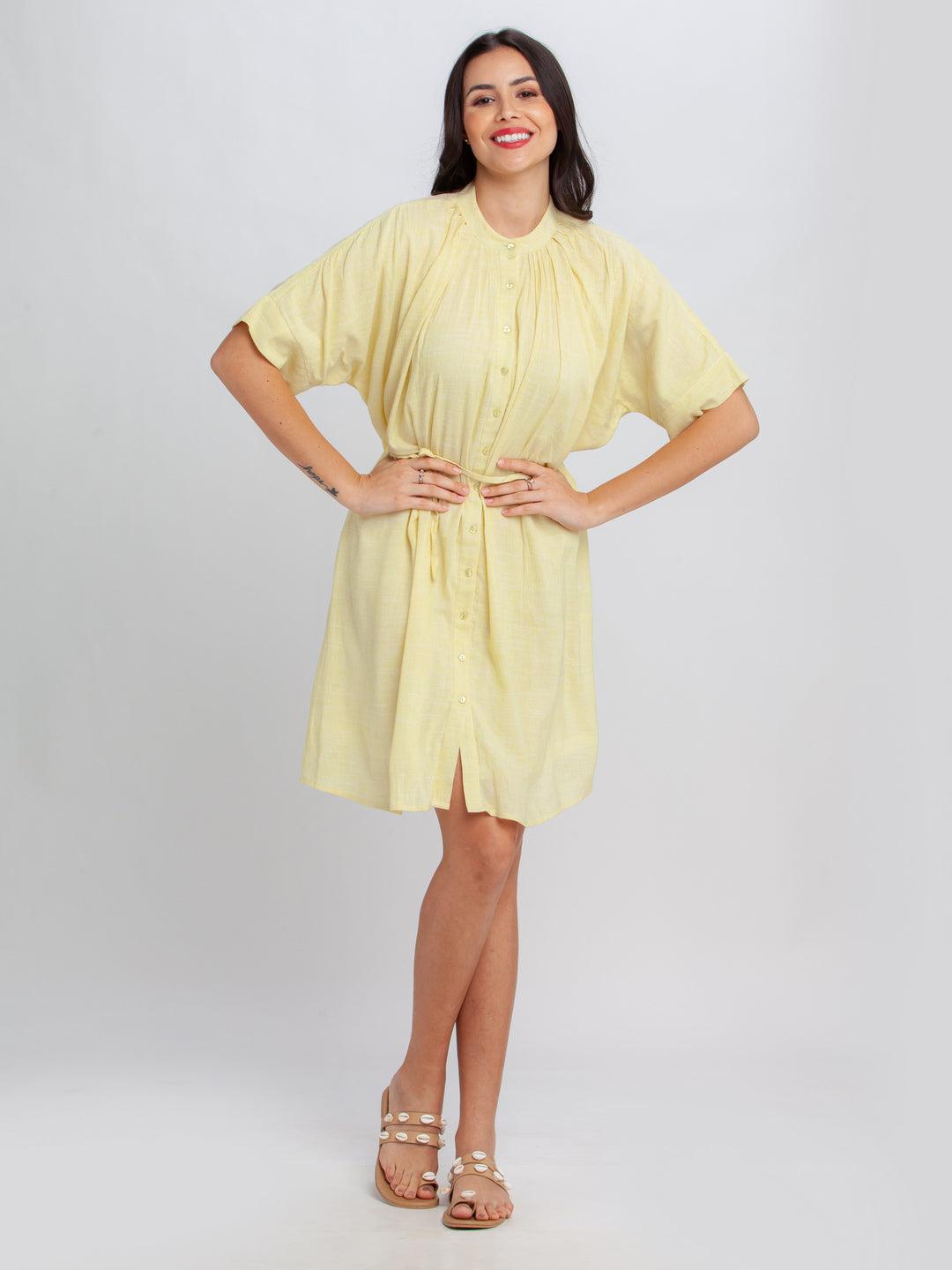 yellow-solid-pleated-short-dress-for-women